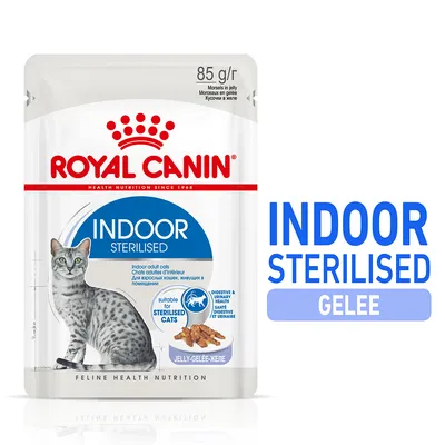 Royal Canin Indoor Sterilised Gelee, 85g. Geeignet für sterilisierte Katzen. Unterstützt Verdauungs- und Harnwegsgesundheit. Feline Health Nutrition.