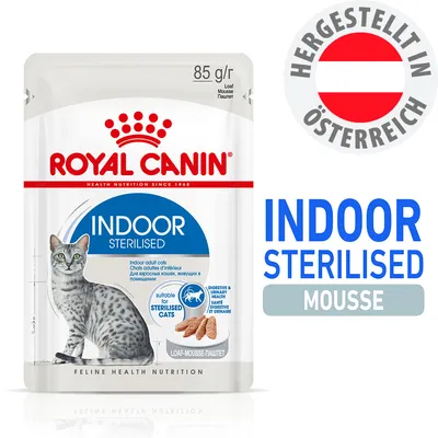 ROYAL CANIN Indoor Sterilised Mousse, 85 g, hergestellt in Österreich. Geeignet für sterilisierte Katzen. Digestive & Urinary Health.