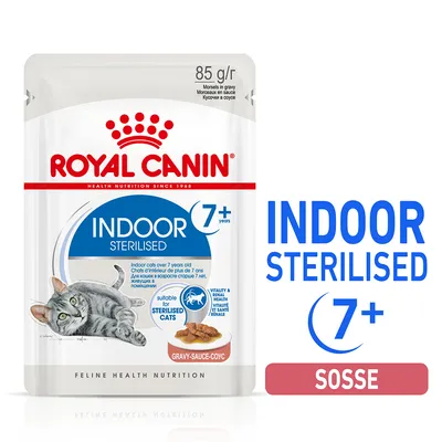 Royal Canin Indoor Sterilised 7+ let, 85g v omáčce. Vhodné pro sterilizované kočky nad 7 let. Vitalita a zdraví ledvin.