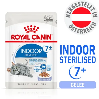 Royal Canin Indoor Sterilised 7+ Gelee, 85g. Hergestellt in Österreich. Für sterilisierte Katzen ab 7 Jahren. Jelly-Gelee. Vitality & Health.