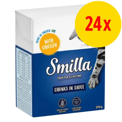 Smilla Chunks in Sauce with Chicken, 370 g. Tekstit: Made in Sweden, grain-free recipe, contains taurine. Pakkauskuvassa keltainen ympyrä: 24x.