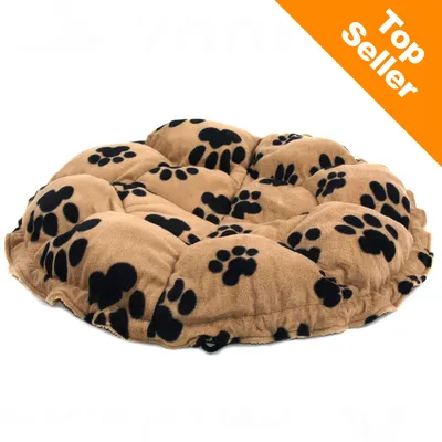 Coussin rond en tissu beige avec motifs pattes noires, étiquette orange en haut à droite avec texte « Top Seller » Coussin rond en tissu beige avec motifs pattes noires, étiquette orange en haut à droite avec texte « Top Seller »