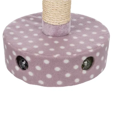 Cat tree base with spotted fabric cover, integrated play balls visible through openings.