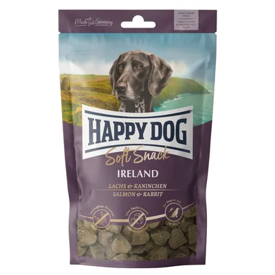 Happy Dog Soft Snack Ireland, Lachs & Kaninchen. Getreidefreie Rezeptur, ohne Zuckerzusatz, für Haut & Fell. Made in Germany.
