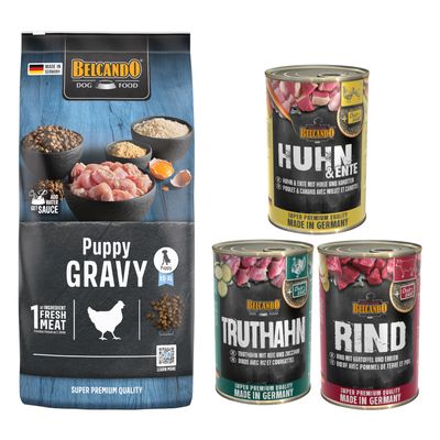 Belcando Adult Dinner, sac 15 kg et assortiment de 6 boîtes 400 g pour chien, texte visible : Pack gourmand. Emballages avec photo de chien et noms des variétés sur les boîtes.