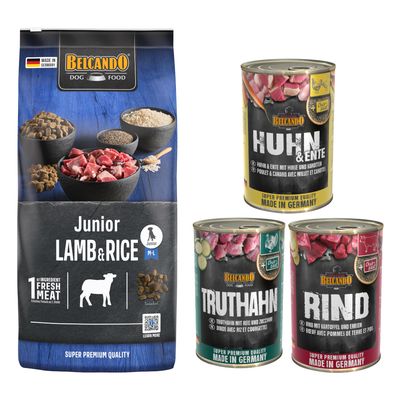 Belcando Adult Dinner, sac 15 kg et assortiment de 6 boîtes 400 g pour chien, texte visible : Pack gourmand. Emballages avec photo de chien et noms des variétés sur les boîtes.