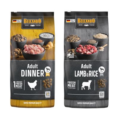 Lot de 2 sacs Belcando Adult Dinner 15 kg, photo d’un homme avec un chien, texte visible : holistic, Für Hunde mit normaler Aktivität, Extra Frischfleisch, 75 % tierisches Eiweiß.