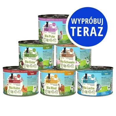 6 puszek catz finefood Bio: Pute, Ente, Schwein, Huhn, Rind, Lachs. Napis na niebieskim kole: WYPRÓBUJ TERAZ. Widoczne certyfikaty bio i brak testów na zwierzętach.