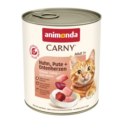 Lot de 24 boîtes animonda Carny Adult Rind + Huhn, texte visible : 100 % frische Zutaten, Ohne Getreide, Made in Germany, avec image de morceaux de viande et chat.