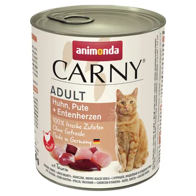Animonda Carny Adult kyckling, kalkon och ankhjärtan. 100 % färska ingredienser, utan spannmål, Made in Germany. Burk med bild av katt och köttbitar.
