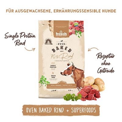 bosch Oven Baked Rind, Single Protein Rind, Rezeptur ohne Getreide, etwa 70% Rind, für ausgewachsene, ernährungssensible Hunde, Superfoods abgebildet.