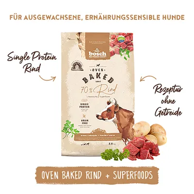 bosch Oven Baked Rind, Single Protein Rind, Rezeptur ohne Getreide, etwa 70% Rind, für ausgewachsene, ernährungssensible Hunde, Superfoods abgebildet. bosch Oven Baked Rind, Single Protein Rind, Rezeptur ohne Getreide, etwa 70% Rind, für ausgewachsene, ernährungssensible Hunde, Superfoods abgebildet.