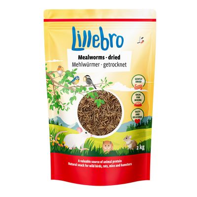 Emballage Lillebro Mehlwürmer Mealworms getrocknet dried, sachet de 500 g avec fenêtre montrant des vers de farine séchés. Texte en allemand et anglais visible sur le devant.