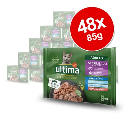 Ultima Fit & Delicious Adulto Esterilizado cat food multipack, 48 x 85g pouches shown, visible flavours: atún, trucha, pescado del océano, salmón. Large red circle with 48x 85g text. Ultima Fit & Delicious Adulto Esterilizado cat food multipack, 48 x 85g pouches shown, visible flavours: atún, trucha, pescado del océano, salmón. Large red circle with 48x 85g text.