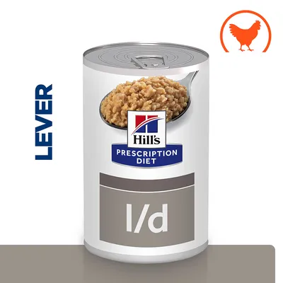 Hill's Prescription Diet l/d burk med bild på foder, texten 'LEVER' och en orange siluett av en höna synliga på etiketten. Hill's Prescription Diet l/d burk med bild på foder, texten 'LEVER' och en orange siluett av en höna synliga på etiketten.