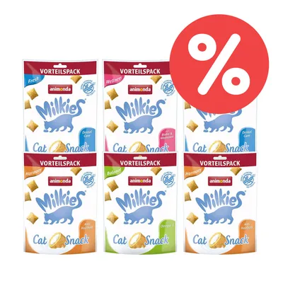 Animonda Milkies Cat Snack Vorteilspack in verschiedenen Sorten: Dental Care, Wellness, Harmony, Balance. Mit Omega-3, Biotin & Vitaminen, Anti-Hairball. Prozentzeichen für Rabatt sichtbar.