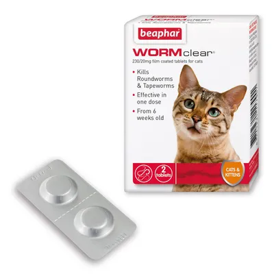 WORMclear tablets for cats, kills roundworms and tapeworms, effective in one dose, suitable from 6 weeks old, pack contains 2 tablets, for cats and kittens.