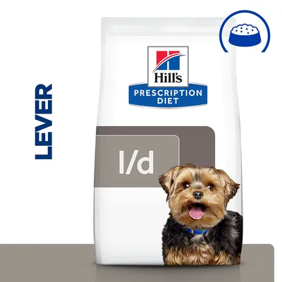 Hill's Prescription Diet l/d hundfoder, texten LEVER synlig till vänster, bild på liten hund på förpackningen.