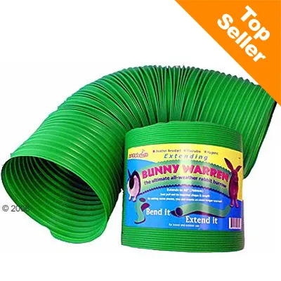 Green extendable tunnel labelled 'Bunny Warren', described as an all-weather rabbit burrow. Text highlights it can be bent and extended, with a 'Top Seller' badge in the corner.