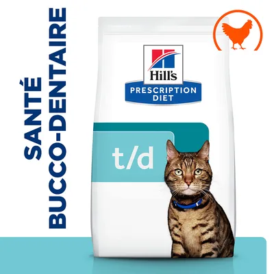 Sac Hill's Prescription Diet t/d pour chat, texte visible : SANTÉ BUCCO-DENTAIRE, image de poulet orange en haut à droite.
