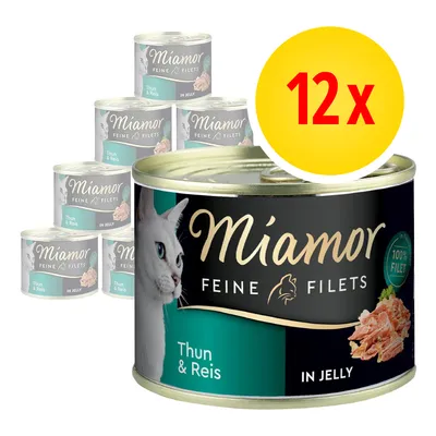 12 lattine Miamor Feine Filets Thun & Reis in Jelly, confezione visibile con immagine di gatto e scritta 100% Filet. Testo principale in tedesco.