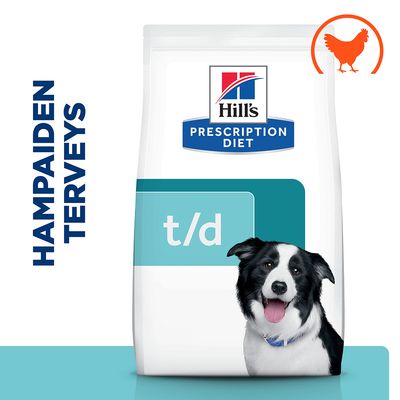 Hill's Prescription Diet t/d -koiranruokapakkaus, teksti 'HAMPAIDEN TERVEYS', oranssi kanan siluetti ja mustavalkoinen koira etupuolella.