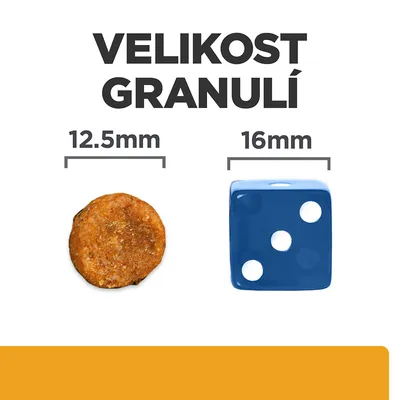 Porovnanie veľkosti granule 12,5 mm a modrej kocky 16 mm. Text v češtine: VELIKOST GRANULÍ.