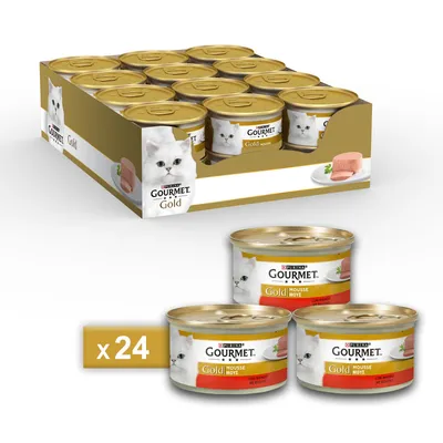 Purina Gourmet Gold Mousse karma dla kotów, opakowanie 24 puszek. Widoczne opakowanie i trzy pojedyncze puszki z musem z kurczaka.