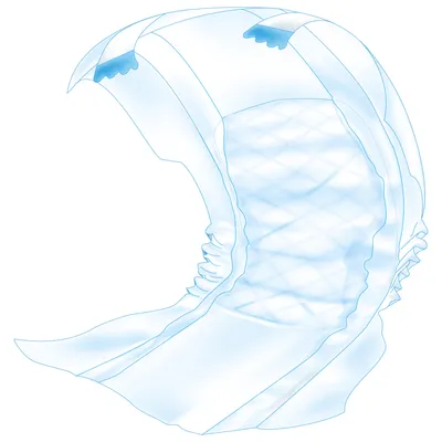 Ilustrácia absorpčnej vložky s elastickými bokmi a mäkkým povrchom, vhodnej pre hygienické produkty.