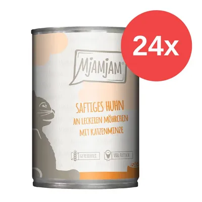 MjAMjAM Saftiges Huhn an leckeren Möhrchen mit Katzenminze, getreidefrei, viel Fleisch, 24x Dose.