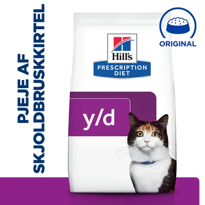 Hill's Prescription Diet y/d kattefoder, tekst: PJEJE AF SKJOLDBRUSKKIRTEL, ORIGINAL, billede af kat på posen