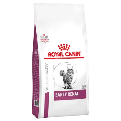 Zak Royal Canin Veterinary Early Renal kattenvoer, witte verpakking met paarse accenten en afbeelding van een kat. Tekst: VETERINARY NUTRITION, EARLY RENAL, S/O INDEX.