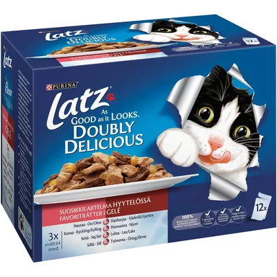 Purina Latz As Good As it Looks Doubly Delicious kattemad, 12 x portionsposer. Favoritretter i gelé: okse, kylling, sej, sild, laks, ørred, fjerkræ, nyrer. Billede af kat og mad på pakken.