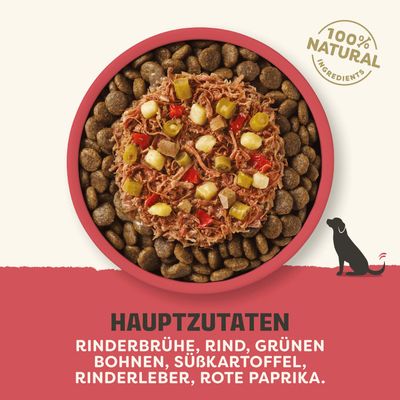 100% Natural Ingredients. Hauptzutaten: Rinderbrühe, Rind, grünen Bohnen, Süßkartoffel, Rinderleber, rote Paprika.