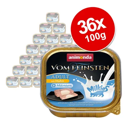 Animonda Vom Feinsten Adult mit Huhn + Milchkern, 36×100g csomagolásban. Tejes töltelékes csirkés macskaeledel konzerv, Milkies felirattal.
