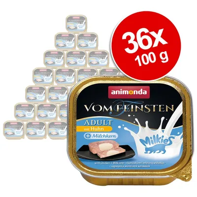 animonda Vom Feinsten Adult mit Huhn + Milchkern, 36 x 100 g. Opakowanie mokrej karmy dla dorosłych kotów z kurczakiem i mlecznym nadzieniem, widoczne logo Milkies.