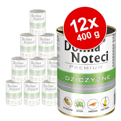 Dolina Noteci Premium, 12x 400g latas con carne de caza, ingredientes: arroz integral, albahaca, zanahorias, aceite de linaza. Alimento completo para perros adultos.