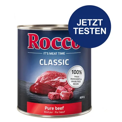 Rocco Classic Pure Beef, 800g Dose. 100% frische Zutaten, getreidefreie Rezeptur. Jetzt testen.