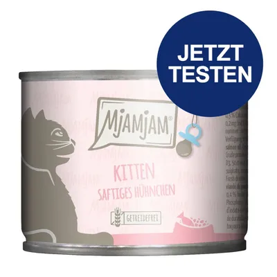 MjAMjAM Kitten Nassfutter, Sorte saftiges Hühnchen, getreidefrei. Jetzt testen.