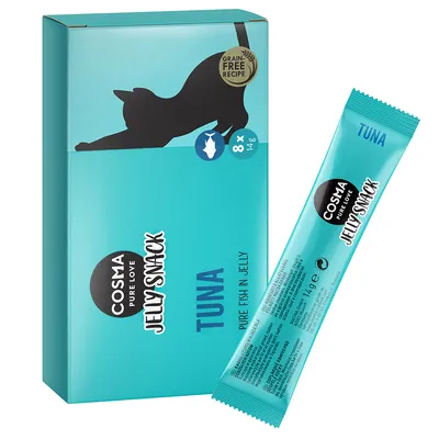 Cosma Jelly Snack Tuna, pure fish in jelly, 8 x 14g, grain free recipe. Packaging and single portion shown.