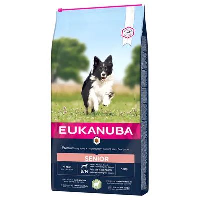 Eukanuba Senior ξηρά τροφή για μικρές και μεσαίες φυλές, πλούσια σε αρνί και ρύζι με κουρκουμά, κατάλληλη για σκύλους άνω των 7 ετών και κάτω των 25kg.