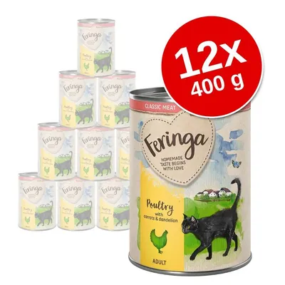 Συσκευασία 12 κονσερβών Feringa Poultry with carrots & dandelion, 400 g για ενήλικες γάτες. Ετικέτα: HOMEMADE TASTE BEGINS WITH LOVE, εικόνα μαύρης γάτας και κοτόπουλου.
