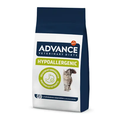 Advance Veterinary Diets Hypoallergenic pro kočky s nežádoucími reakcemi na krmivo, s hydrolyzovanými sójovými bílkovinami a upraveným kukuřičným škrobem.
