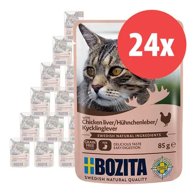 Confezione multipla 24x Bozita Swedish Natural Quality, bocconcini per gatti con fegato di pollo, 85 g ciascuno. Testo visibile: grain free recipe, delicious taste easy digestion.