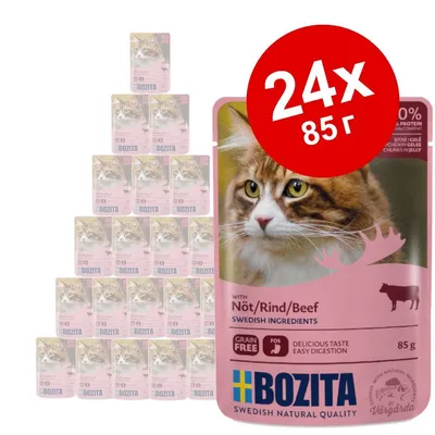 Комплект 24 пауча Bozita с говеждо месо, всеки по 85 г. Видими надписи: Grain Free, Delicious Taste Easy Digestion, Swedish Ingredients, Bozita.