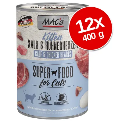 MAC's Kitten Kalb & Hühnerherzen, Calf & Chicken Hearts, Super Food for Cats, 12×400 g, Made in Germany, grainfree, high meat content feliratú macskaeledel konzerv csomagolás.