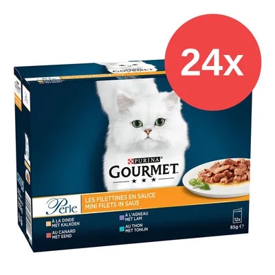 Purina Gourmet Perle, Mini Filets in Sauce, 24x85g. Sorten: Pute, Ente, Lamm, Thunfisch. Verpackung zeigt weissen Katze und Teller mit Fleischstücken.