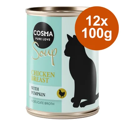 Cosma Soup Chicken Breast mit Kürbis in zarter Brühe, 12x100g. Silhouette einer Katze auf der Dose.