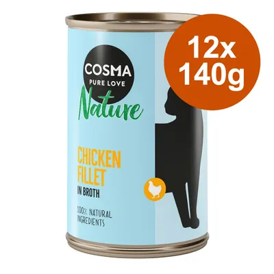 Cosma Nature Chicken Fillet in Broth, 12x140g, 100% natürliche Zutaten. Abbildung einer Dose mit Katzen-Silhouette und Huhn-Icon.