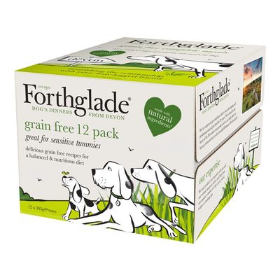 Forthglade grain free 12 pack, made with natural ingredients, great for sensitive tummies. Contains 12 trays of 395g each. Grain free recipes for a balanced and nutritious diet.